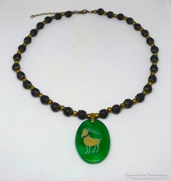 Lava stone mineral necklace, green agate with Capricorn zodiac sign pendant 256