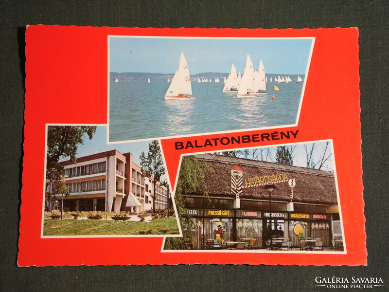 Képeslap, Balatonberény, mozaik részletek,üdülő,szálló,vitorlás hajó,határcsárda étterem