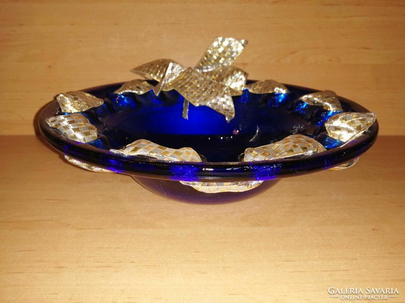 Szalagos, kék színű üveg kínáló tál - átm. 30 cm (6p)