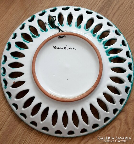 Habán áttört mintás kerámia fali tányér , jelzett darab 29 cm