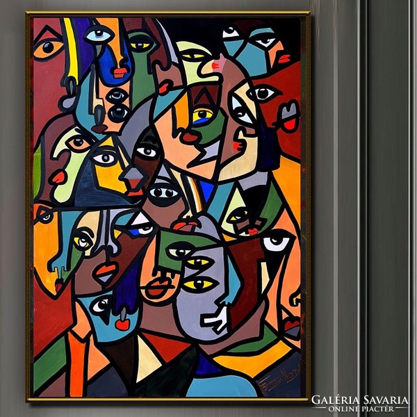 Contemporary painter Nóry Forray abstract modern colorful painting - game of faces 50x70 cm acrylic canvas