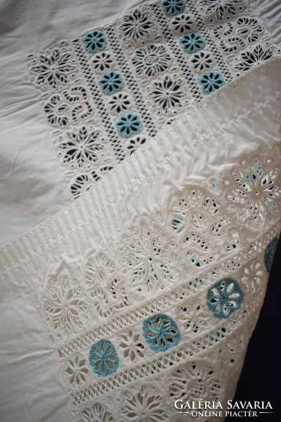 Madeira lace needlework blue white hole embroidery antique drapery decoration ethnography 44 x 21 cm+damaged