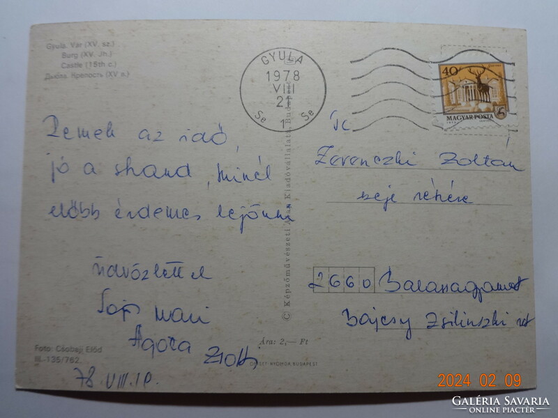 Old postcard: Gyula, castle (1976)