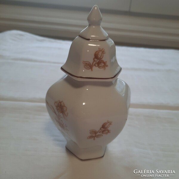 Hollóházi fedeles váza barna virágmintával