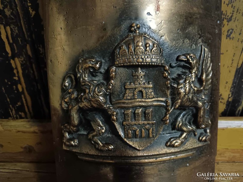 Coat of arms of Budapest in copper, cast lamp post, candelabra door recast in copper, beautiful decoration