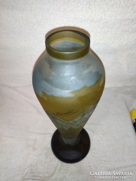 Large heavy beautiful colorful mountain pattern Galle vase 44 cm high