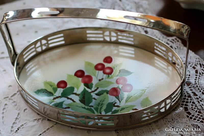 Art deco cherry pattern, faience, tray with metal handles, serving tray, rare, beautiful condition
