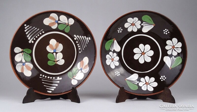 1Q387 marked Sarospataki brown glazed ceramic wall plate pair 17 cm