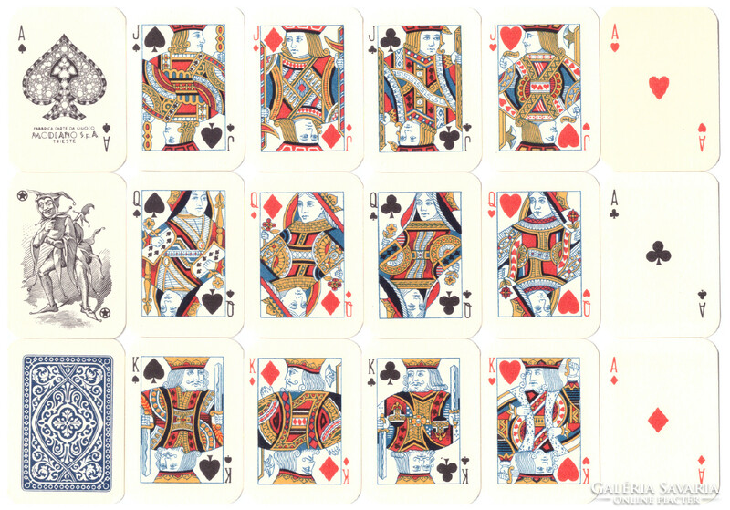 292. Mini kártya Nemzetközi kártyakép Modiano 52 lap + 2 joker 1960 körül 32 X 45 mm