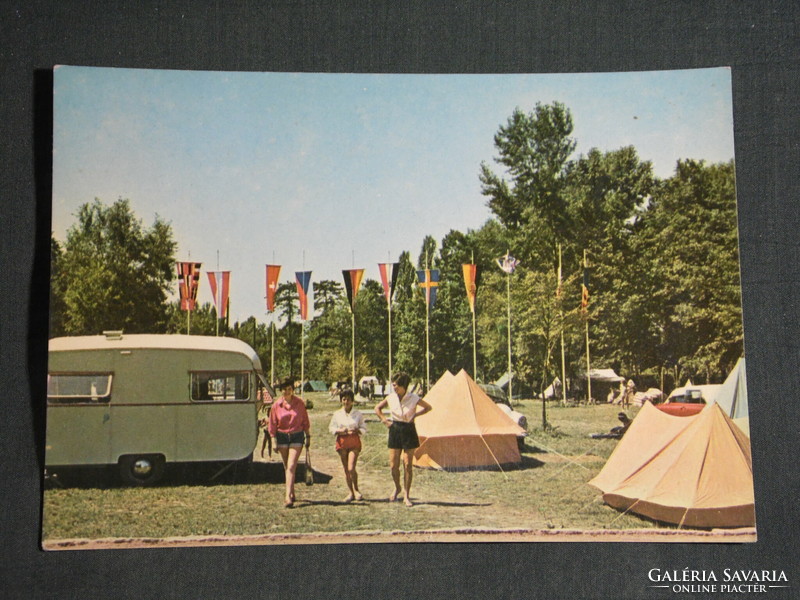 Képeslap, Balatonföldvár, sátortábor,kemping, camping, lakókocsi,látkép részlet, országzászlók