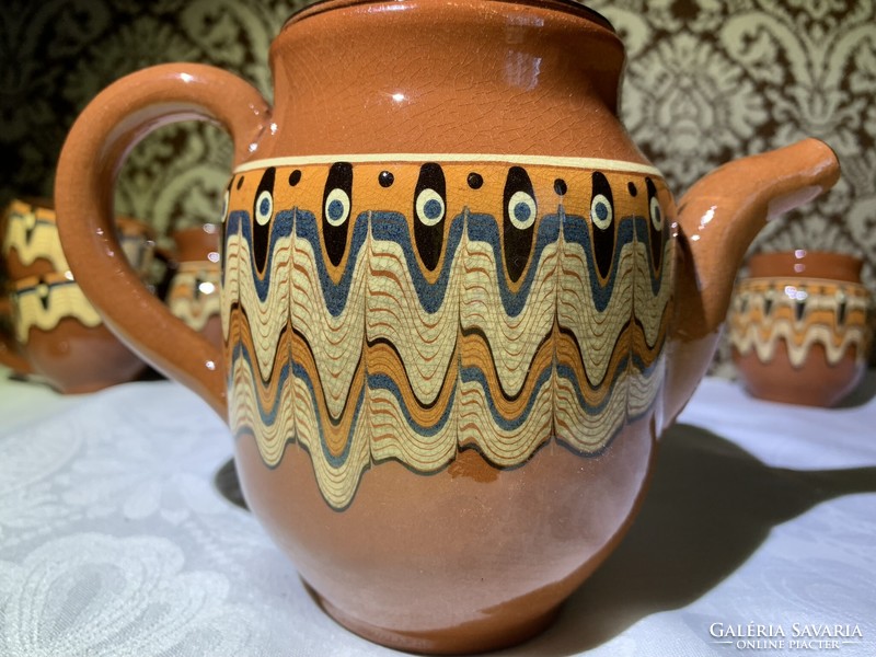 Retro bolgár pávatollas kerámia mokkás kávés készlet kancsó csésze cukortartó