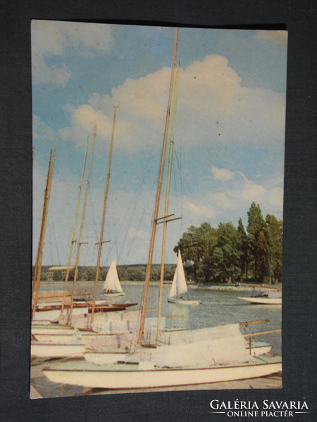 Képeslap, Balatonföldvár, móló, vitorlás hajó kikötő, part részlet