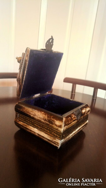 Copper beaten bone jewelry box with blue velvet interior