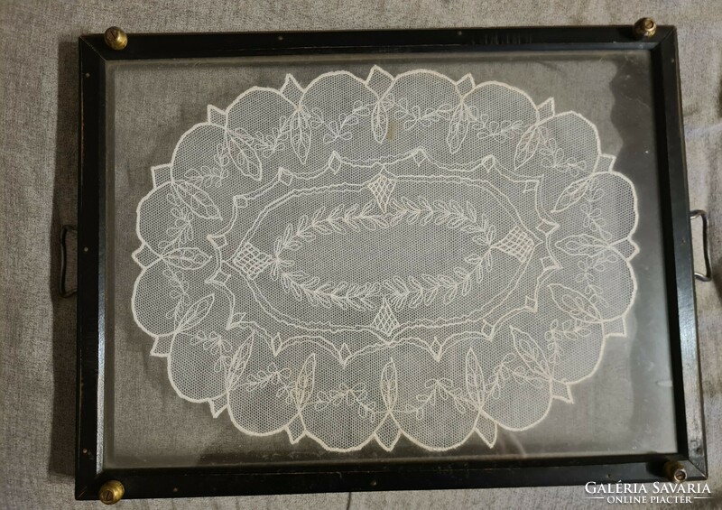Antique glass tray with lace insert