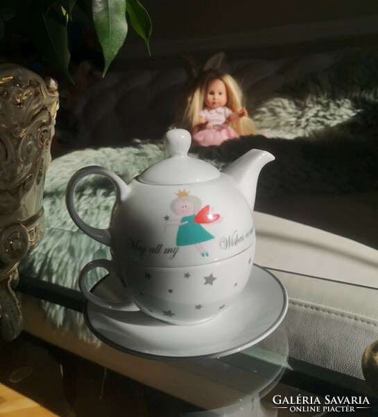 Angyalkás teás szett, egyszemélyes kislány tea szervíz, porcelán