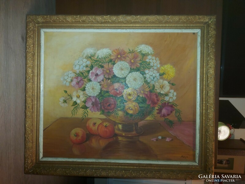 Szignós csendélet festmény, olaj, vászon, 61x51/71×61 cm, szép keret