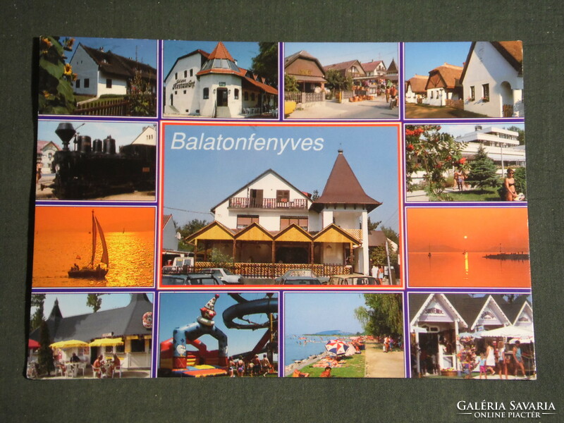 Postcard, Balaton pine, mosaic details, restaurant, steam locomotive, sailing, buffet, beach, shopping mall