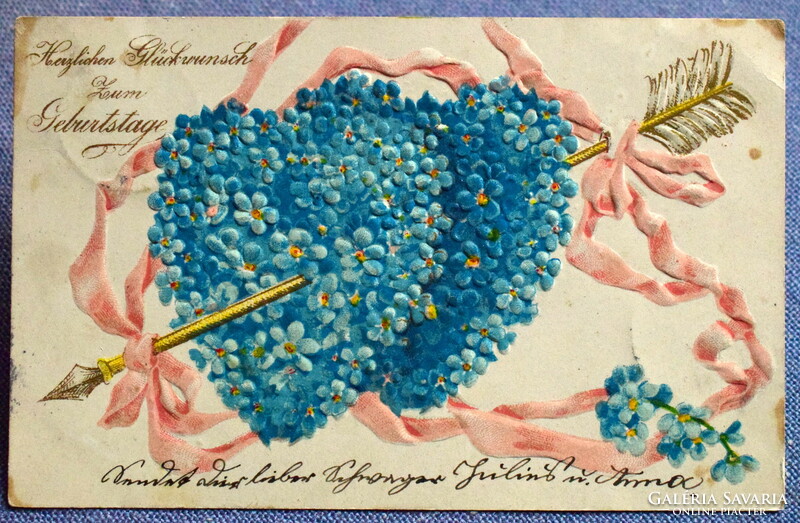 Antique embossed greeting card - two nefeljcs hearts pierced with a golden arrow from 1905