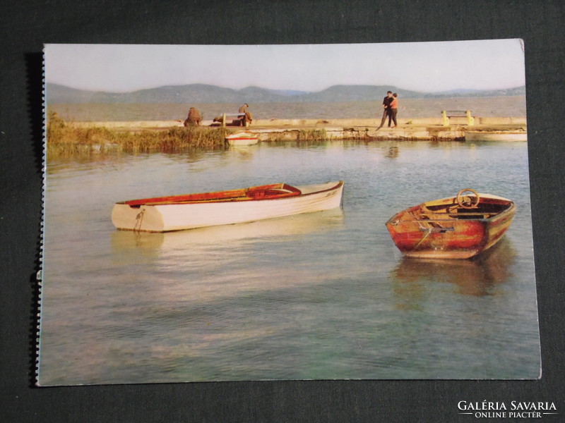 Postcard, Balaton beach, pier detail, boat, fisherman
