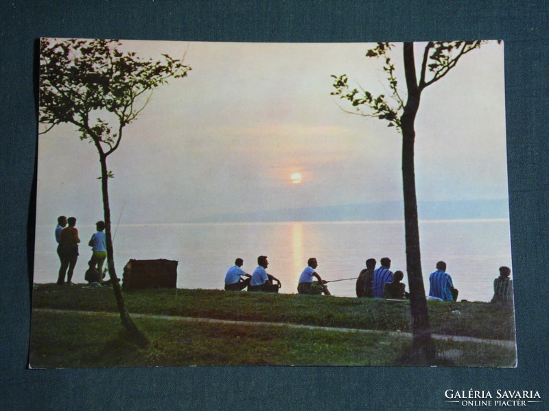 Postcard, Balaton pine, beach detail with sunset fishermen