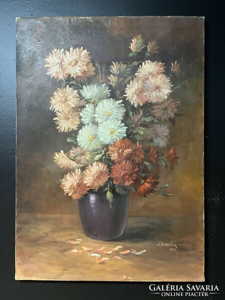 Chrysanthemum, oil, still life, chariot with 1963 sign! Size: 50cm x 70cm