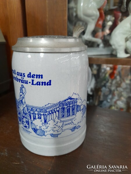 German, Germany Löwenbrau-land München tin ceramic jug with lid. 15.5 Cm.
