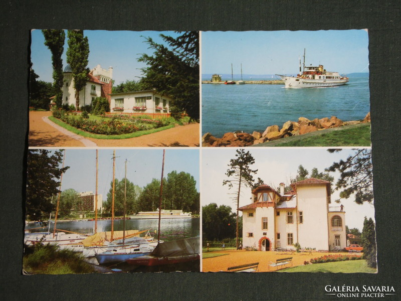 Postcard, Balaton Castle, mosaic details, resort, pier, boat harbor, cruise ship