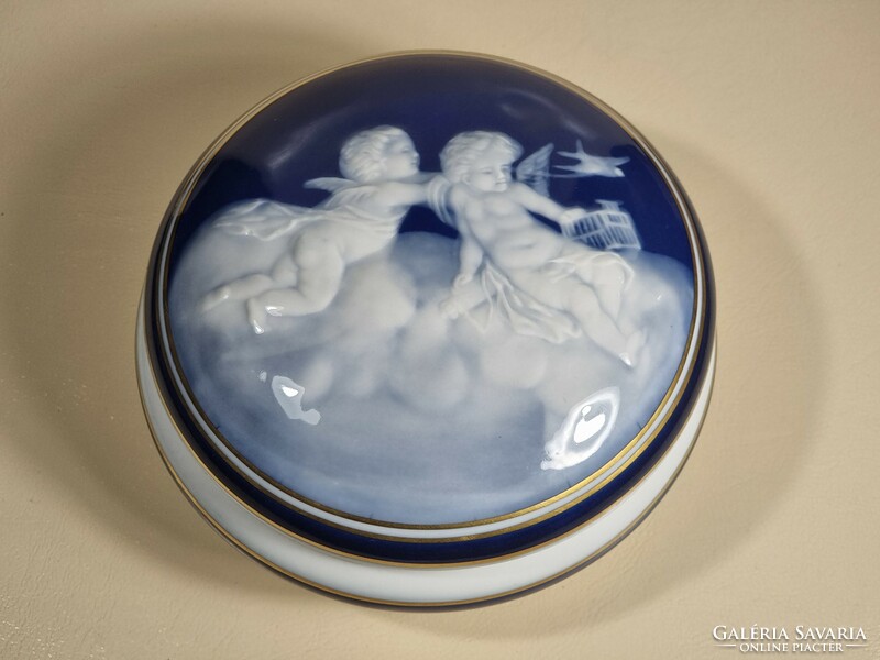A real rarity! Camille Tharaud Limoges France round cobalt blue bonbonier box with cherubs