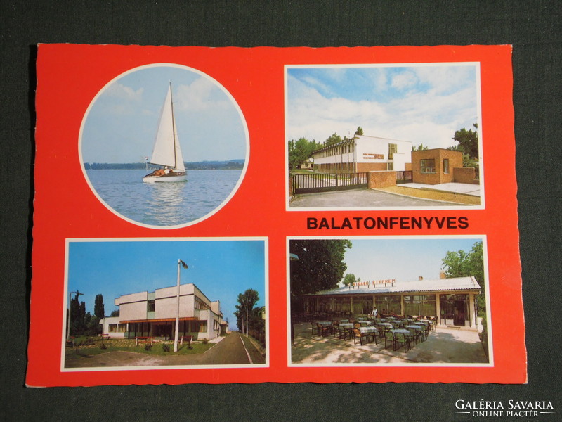 Postcard, Balaton pine forest, mosaic details, cheerful restaurant, sailing, small camp