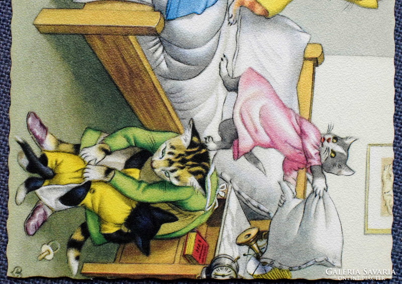 Régi retro humoros grafikus képeslap cica  család reggeli készülődése ,párnacsata