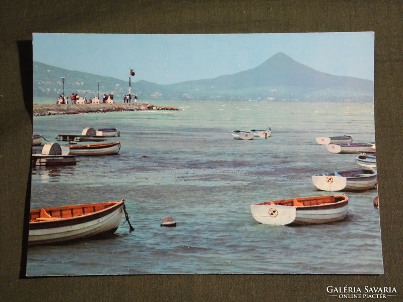 Postcard, balaton, fonyod, Badacsony skyline, pier, boat rental