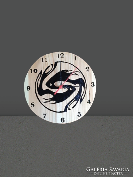 Handcrafted wooden wall clock with fish zodiac sign
