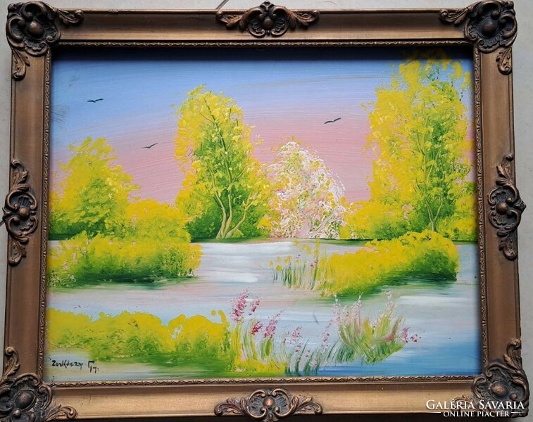 Lakeside: oil, wooden plate. Without frame. Size: 30x40 cm.