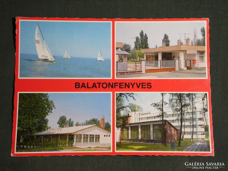 Képeslap, Balatonfenyves,mozaik részletek, vigadó étterem,KISZ tábor,vitorlás hajó,üdülő