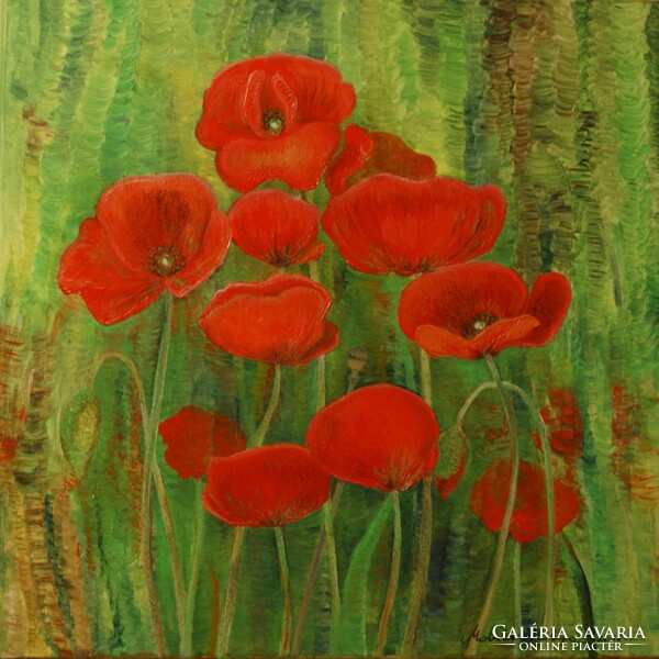 Oil painting Poppies on stretched canvas, 58x58cm