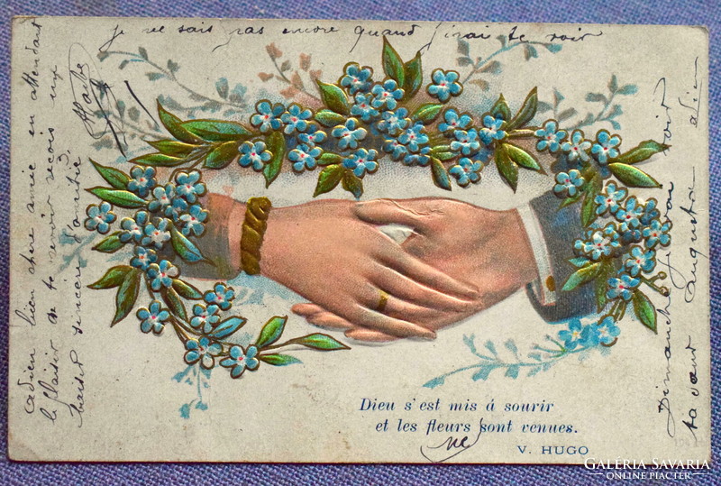 Antik dombornyomott üdvözlő képeslap - kézfogó  1907ből