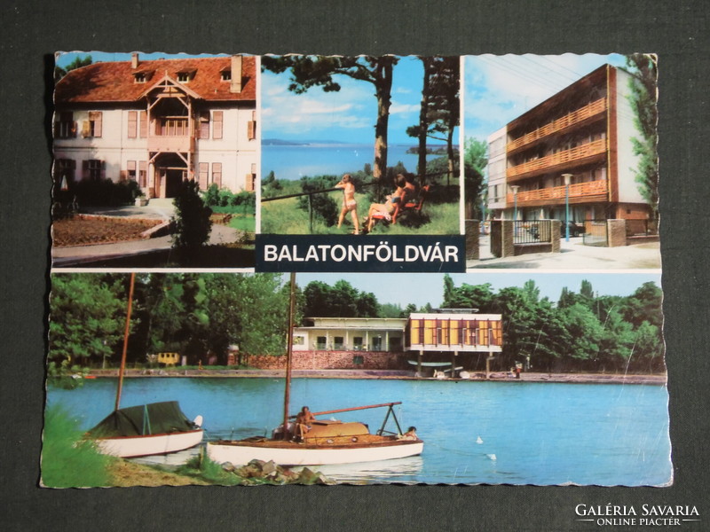Képeslap, Balatonföldvár, mozaik részletek,üdülő, móló, hajó kikötő,part,látkép
