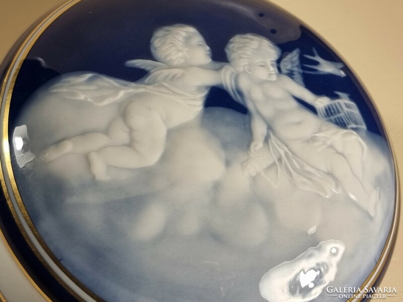 A real rarity! Camille Tharaud Limoges France round cobalt blue bonbonier box with cherubs