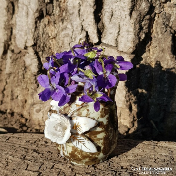 Art Nouveau small violet vase with rose applique