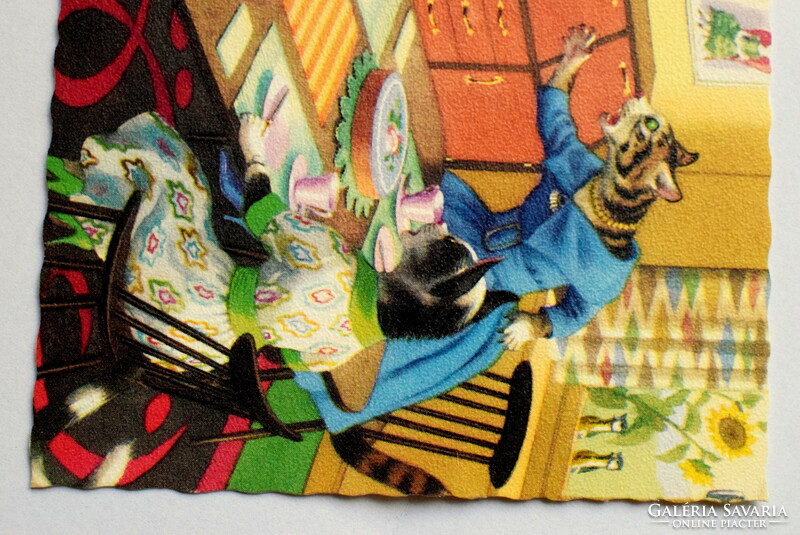 Old retro humorous graphic postcard cat - cat ladies guest with an accident