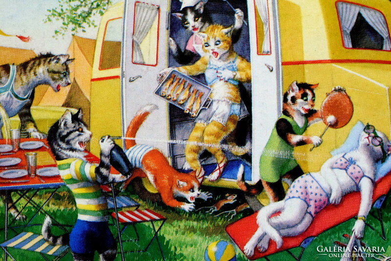 Retro humorous graphic postcard cat - camping