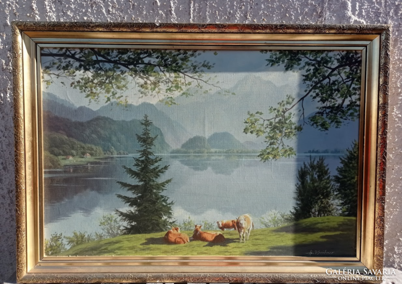 Signed oil canvas painting alpine landscape 100x70 cm