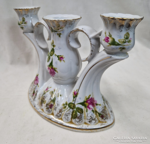 Dekoratív Chodziez porcelán három ágú gyertyatartó rózsa míntával hibátlan állapotban