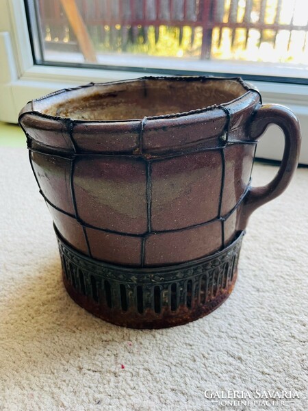 Antique glazed ceramic cooking vessel with handle with contemporary wiring
