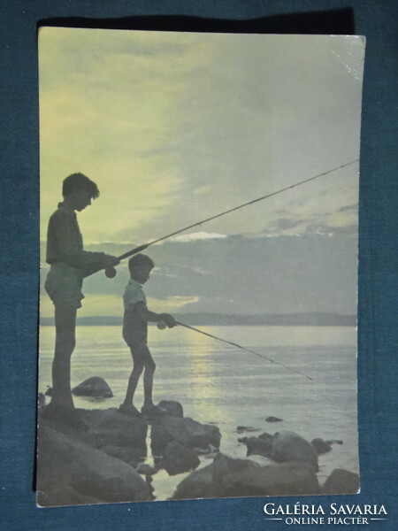 Postcard, Balaton beach panorama, sunset, with fishermen