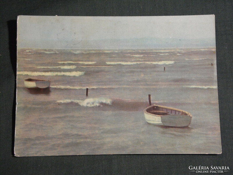 Képeslap, Balaton látkép, Vihar a Balatonon, part részlet csónakokkal