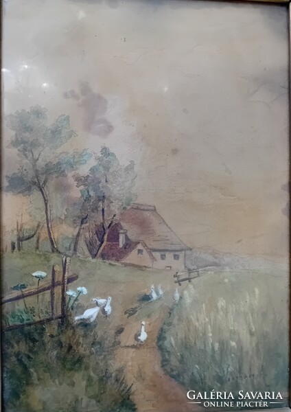 Neogrády marked: landscape with geese watercolor