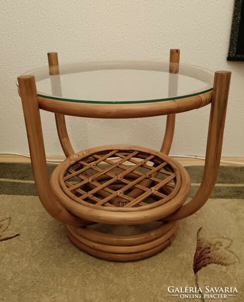 Vintage smoking table made of bamboo and glass top