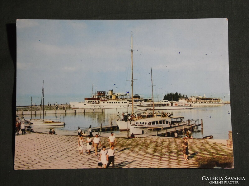 Postcard, Balaton Tihany beach, pier harbor skyline with ships