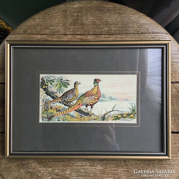 Older framed English cash's silk and rayon pheasant woven picture